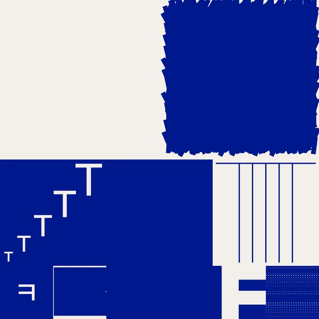 A square generative composition in dark cobalt blue and warm white. Large blue fields occupy the upper right and lower left. White T forms descend through the lower-left field, with a small white F at the left edge. The lower-right area combines a thin horizontal rule, vertical lines, an offset blue block, and a dense rectangular pattern.