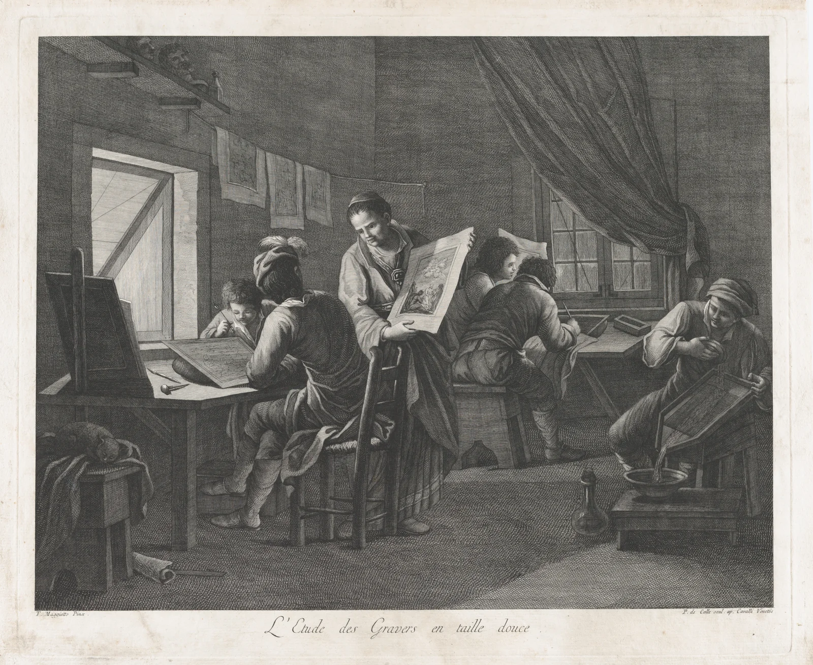Pellegrino dal Colle's eighteenth-century print after Francesco Maggiotto showing a printmaking workshop.
