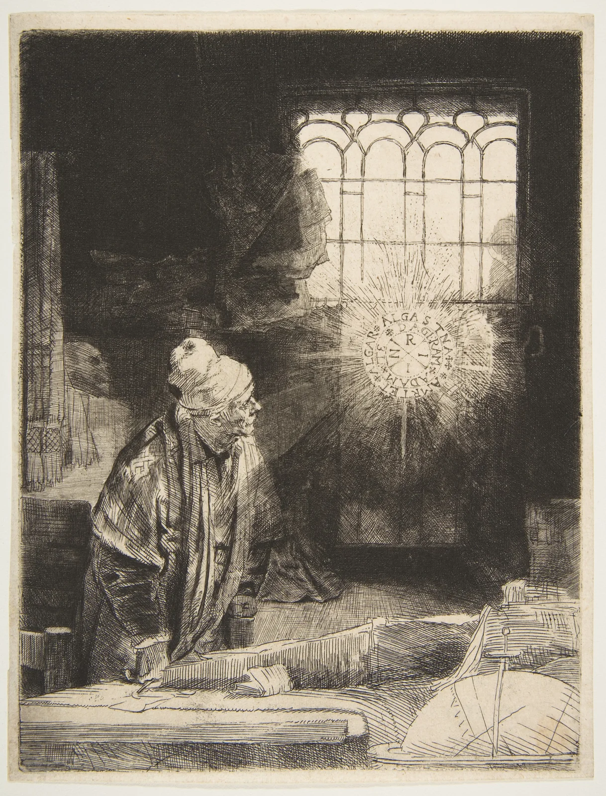 A scholar studies a luminous diagram among papers and books.